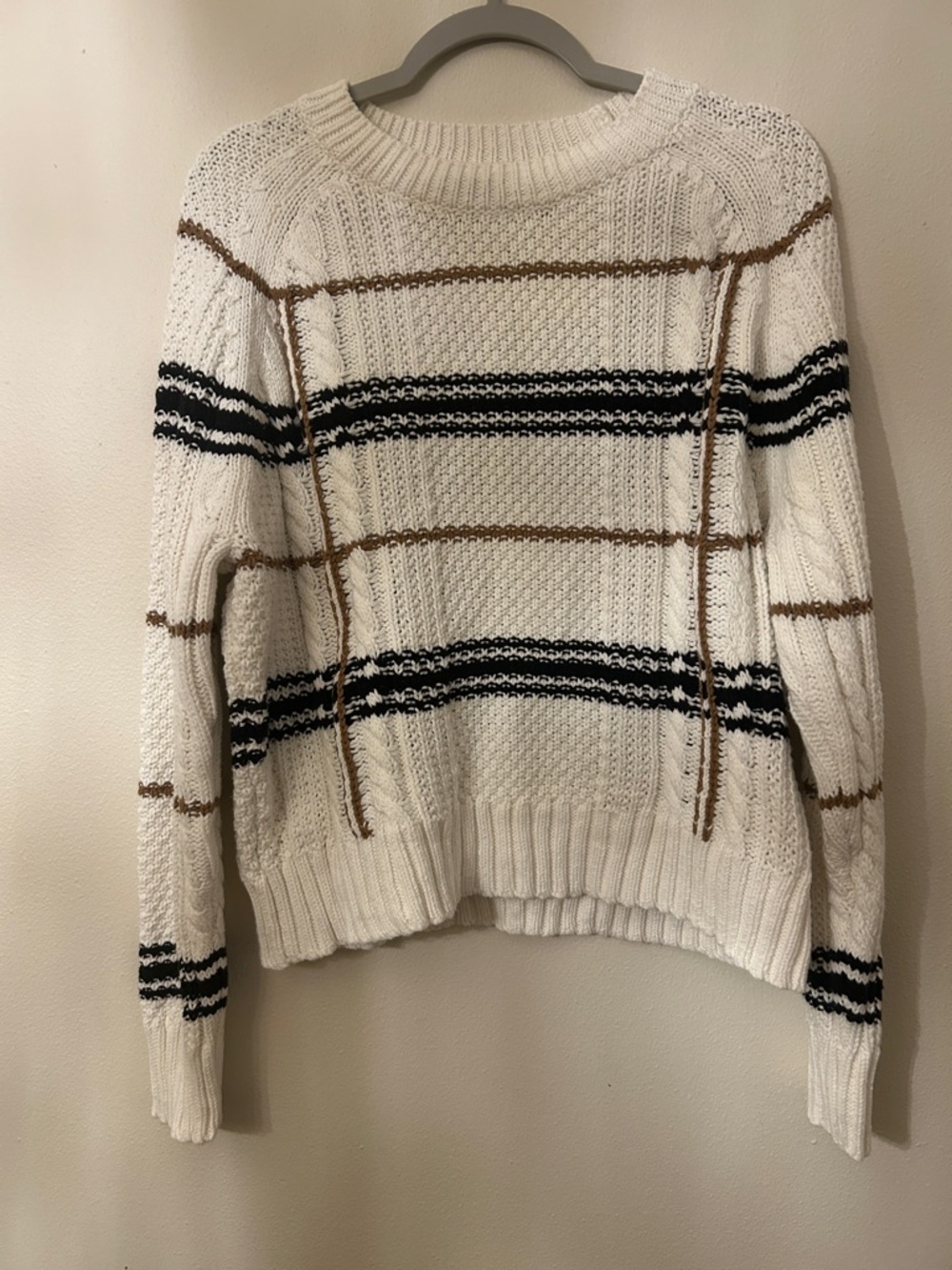 360 Sweater White Cable Crewneck with Black and Brown Stripes